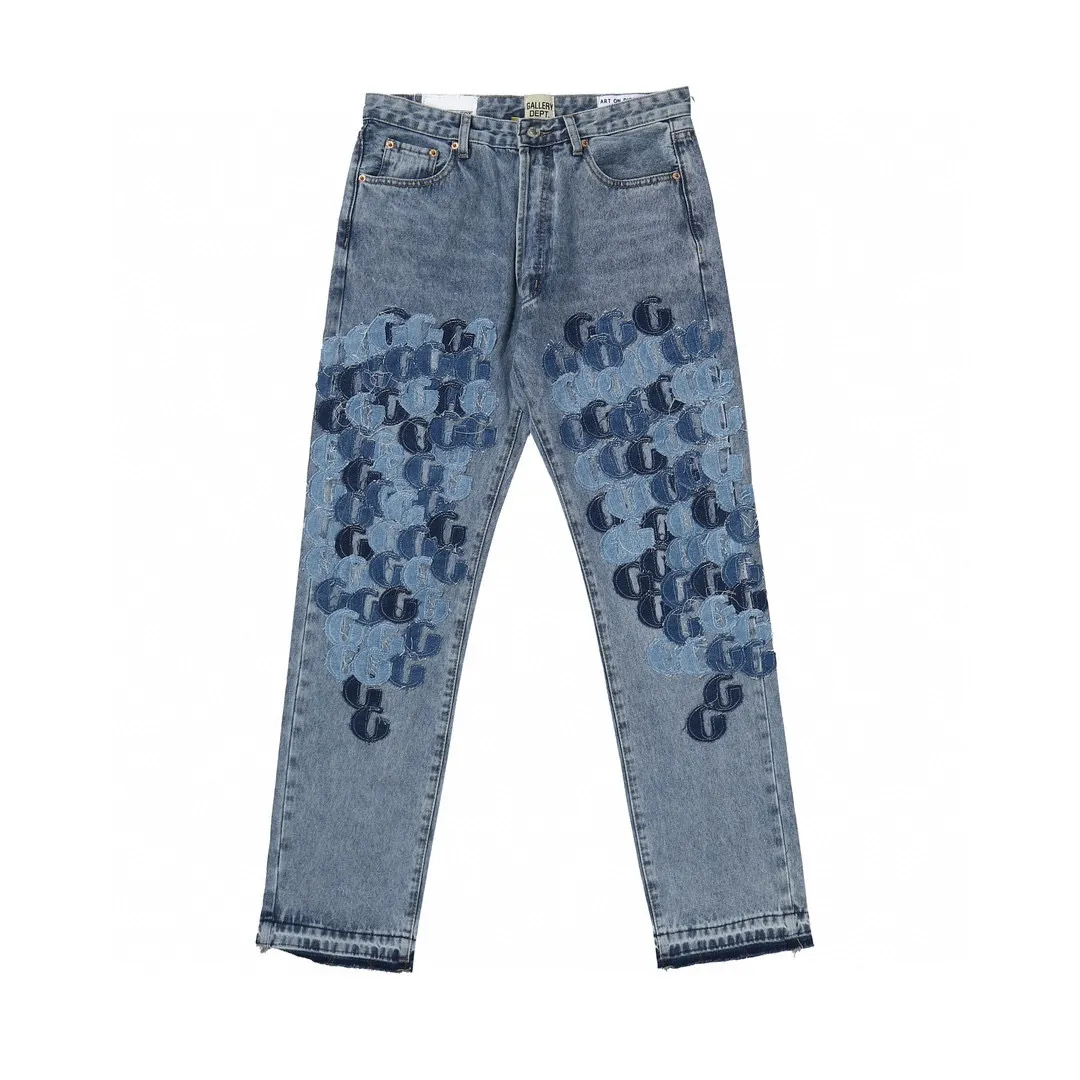 -Size upper body P286#G77 GALLERY DEPT.G letter patch pudding 5001 denim washed and distressed spliced jeans -Original purchase and pattern making to truly restore the ultimate vintage texture -Original hardware accessories, washed and other elevators, QR code analysis are all purchased from the original factory, high degree of restoration, you are welcome to compare with a certain product~ -Three-dimensional version Loose and comfortable, not picky about the figure, taller and slimmer, factory Seiko, original factory quality control, same style for men and women, can be matched with couples Versatile recommendation: must-have jeans for all seasons Color: blue Size: S-XXL (28-36)